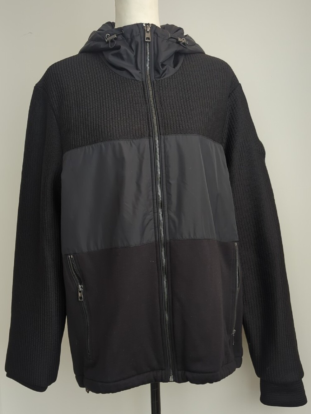 NWT Michael Kors Men's Mix-Media Ribbed Knit Full-Zip Hoodie Jacket Black LARGE - Picture 3 of 11